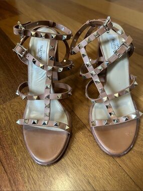 Valentino Tan Leather Rockstud Strappy Sandals